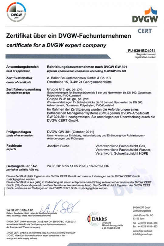 Baller Bauunternehmen - Zertifikat DVGW