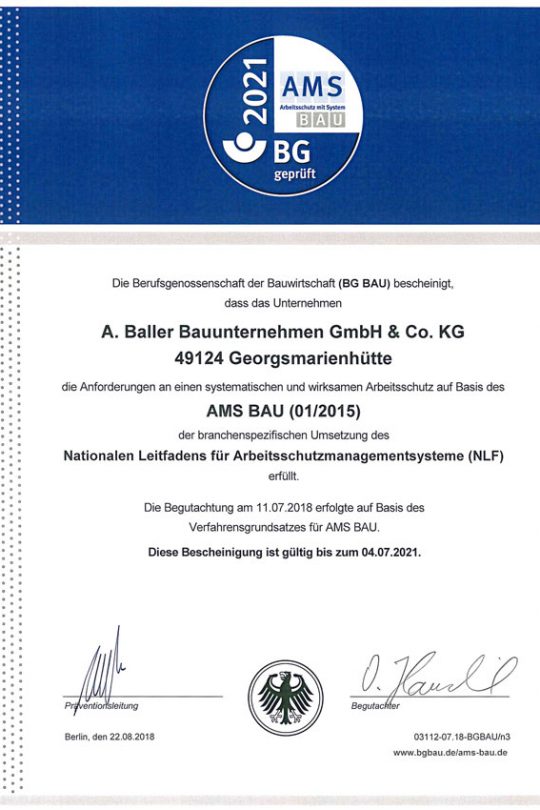 Baller Bauunternehmen - Zertifikat AMS